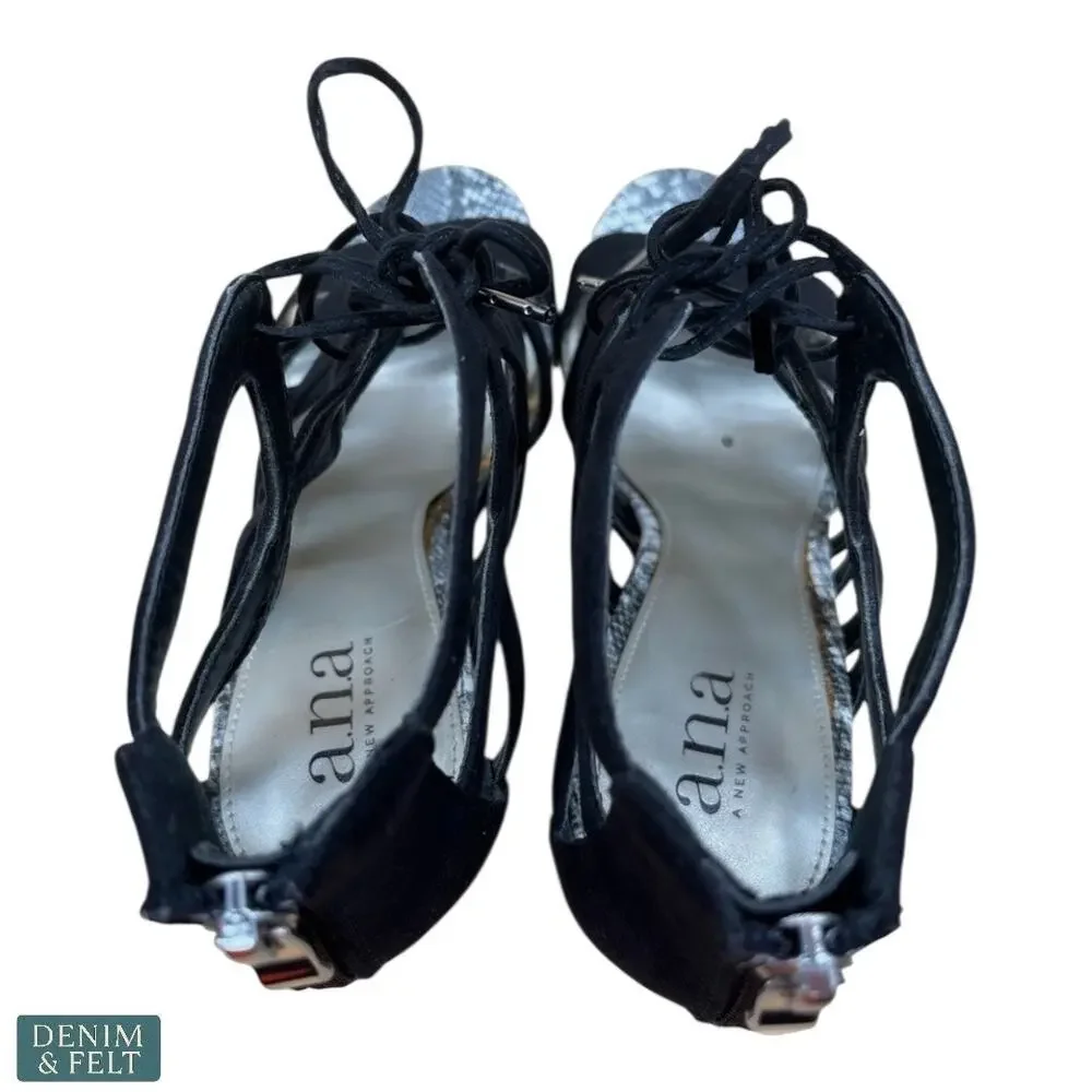 a.n.a Willa Black Strappy Lace Up Heels Snakeskin Detail Women’s‎ 7.5M